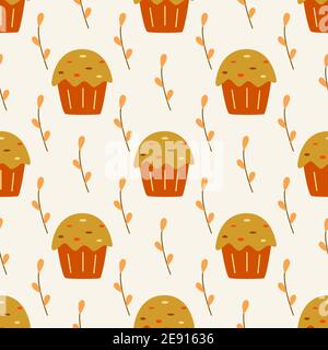 Nahtloses Muster mit Osterkuchen und Weidenzweigen. Frohe Ostern. Bunte Vektor Cartoon Illustration. Geeignet zum Einwickeln von Papier, Stoff, Druck Stock Vektor