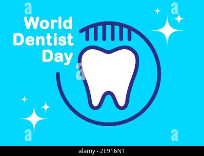 Banner World Dentist Day. Weißes Zahnsymbol mit einer Zahnbürste auf blauem Hintergrund Stock Vektor