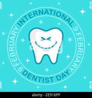 Quadratisches Banner internationaler Tag des Zahnarztes. Weißer Zahn mit einem niedlichen Lächeln auf blauem Hintergrund. Karte, Einladung Stock Vektor
