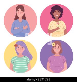 Gruppe von vier Mädchen interracial Avatare Zeichen Stock Vektor