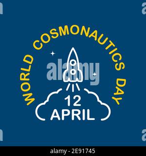 Quadratisches Banner mit einer Rakete, die abfliegt. Card World Cosmonautics Day Stock Vektor