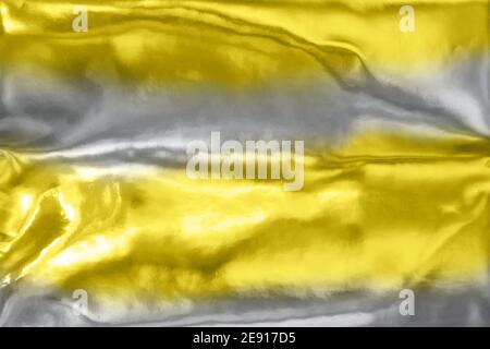 Schillernder Neonhintergrund. Holographische Falten abstrakte Folie Textur der Farbe 2021 - grau und gelb. Stockfoto