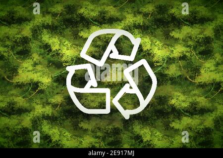 Tropische Reben und Sträucher mit weißem Recycling-Zeichen, Ökologie Lushy breiten Hintergrund Stock Vektor