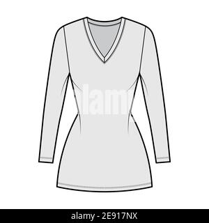 T-Shirt Kleid technische Mode Illustration mit V-Ausschnitt, lange Ärmel, Mini-Länge, taillierte Körper, Bleistift Fülle. Flache Bekleidungsvorlage vorne, grau. Frauen, Männer, Unisex CAD Mockup Stock Vektor