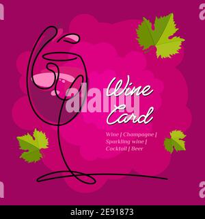 Weinkarte. Ein abstraktes Glas Wein wird mit einer durchgehenden Linie auf einem roten Hintergrund gezeichnet. Menükonzept für eine Bar oder ein Restaurant Stock Vektor