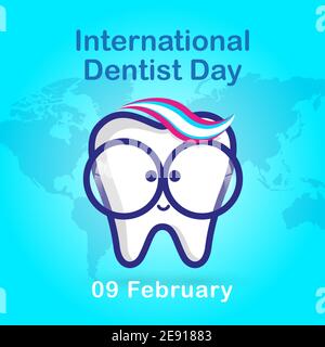Internationaler Tag des Zahnärztes. Weißer Zahn in einer Brille mit einem niedlichen Lächeln und farbigen Knallen aus Zahnpasta auf blauem Hintergrund mit einer Silhouette Stock Vektor