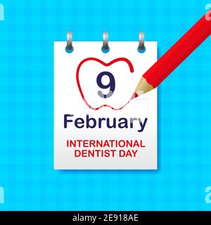 Roter Bleistift zeichnet das Datum 9. Februar, Internationaler Tag des Zahnärztes. Kalenderblatt an einer blauen Wand Stock Vektor