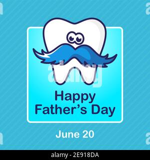 Glückwunschkarte zum Vatertag. Weißer Zahn mit großem Schnurrbart auf blauem Hintergrund. Stock Vektor