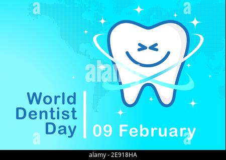 Banner World Dentist Day. Zahnsymbol mit einem niedlichen Lächeln auf dem Hintergrund der Karte auf einem blauen Hintergrund Stock Vektor