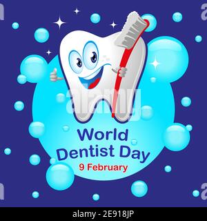 Welt Zahnarzt Tag Quadrat Banner. Weißer Zahn mit einem niedlichen Lächeln und einer roten Zahnbürste auf blauem Hintergrund Stock Vektor