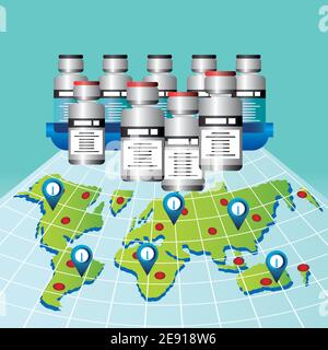 Weltimpfstoff Zeit zu impfen, Karte und Fläschchen Medizin covid 19 Coronavirus Vektor Illustration Stock Vektor