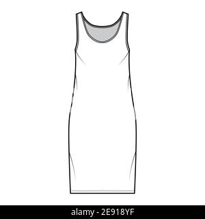 Tank Kleid technische Mode Illustration mit U-Ausschnitt, Träger, knielang, überdimensionalen Körper, Bleistift Fülle. Flache Bekleidungsvorlage vorne, weiß. Frauen, Männer, Unisex CAD Mockup Stock Vektor