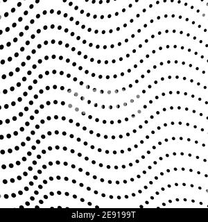 Schwarze Punkte, weißer Hintergrund. Gefleckte Wellenlinien, Kurven. Monochromes op Art Design. Vektorwellen. Abstraktes Halbtonmuster, Internetkonzept. EPS10 Stock Vektor