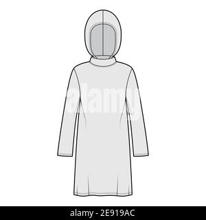 Modest Hijab Tunika technische Mode Illustration mit langen Ärmeln, überdimensional, unter-die-Knie-Länge, Kapuze. Flatshirt Bekleidung top Schablone vorne, grau. Frauen Männer Unisex CAD mockup Stock Vektor