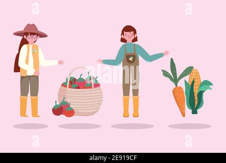 Bauern Mädchen und Junge mit Karotten Tomaten Gemüse Vektor-Illustration Stock Vektor