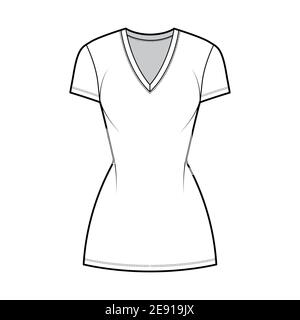 T-Shirt Kleid technische Mode Illustration mit V-Ausschnitt, kurze Ärmel, Mini-Länge, taillierte Körper, Bleistift Fülle. Flache Bekleidungsvorlage vorne, weiß. Frauen, Männer, Unisex CAD Mockup Stock Vektor