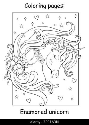 Beauty Einhorn Kopf mit Sternen und Blumen. Bild ausmalen für Kinder. Vektor Cartoon Illustration isoliert auf weißem Hintergrund. Zum Färben bo Stock Vektor