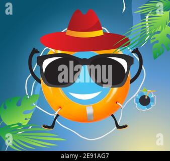 Lustige coole Rettungsring mit Sonnenbrille und Hut auf farbigem Hintergrund Stockfoto