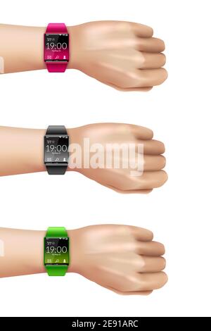 Smart Handgelenk Multimedia Uhr Gadget auf der Hand realistische Farbe dekorativ Symbolsatz isolierte Vektorgrafik Stock Vektor