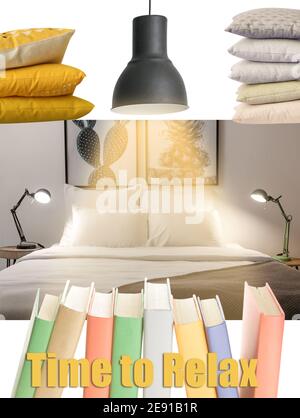 Collage von stilvollen Interieur Schlafzimmer, Bücher, Kissen und beleuchtete Lampe Stockfoto