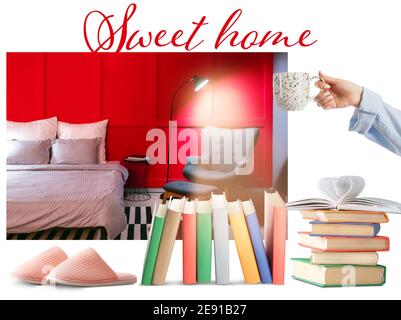 Collage von stilvollen Interieur Schlafzimmer, Bücher, Hausschuhe und weibliche Hand mit einer Tasse Tee Stockfoto