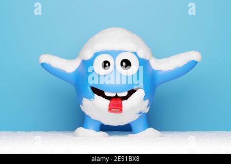 3d-Illustration eines lustigen blauen Monsters mit Augen und Lächeln, bedeckt mit Schnee, zeigt Zunge und Spaß auf einem blauen isolierten Hintergrund. Komischer SM Stockfoto