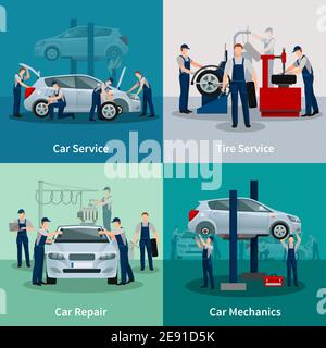 Flache 2x2 Kompositionen präsentieren Arbeitsprozess in Auto und Reifen Dienstleistungen Kfz-Reparatur und Kfz-Mechanik Vektor Illustration Stock Vektor