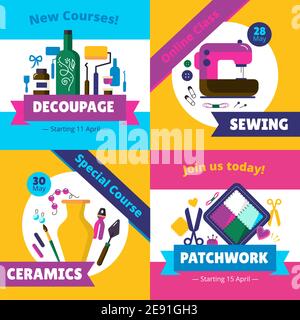 Art Studio Creative courses Workshops online classes concept 4 flat Symbole quadratisches Design abstrakt isoliert Vektor Illustration Stock Vektor