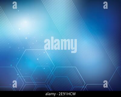 Blaue abstrakte Hintergrundtechnologie mit sechseckigen Formen und parallelen Linien. Heller Hintergrund und lebendige Farben. Stock Vektor