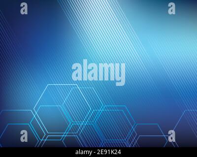 Blaue abstrakte Hintergrundtechnologie mit sechseckigen Formen und parallelen Linien. Heller Hintergrund und lebendige Farben. Stock Vektor