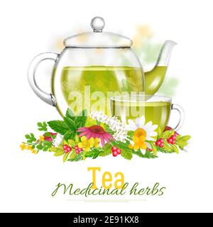 Teekanne und Teekanne aus Glas, umgeben von Heilkräutern und Blumen Auf weißem Hintergrund mit Titel isoliert Vektorgrafik Stock Vektor
