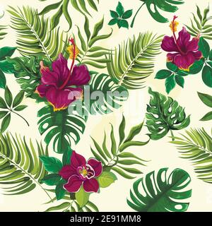 Exotische tropische Regenwaldpflanzen opulent grüne Blätter mit Hibiskusblüten Wrap Papier nahtlose Muster abstrakten Vektor Illustration Stock Vektor