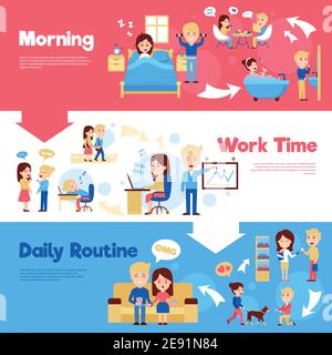 Szenen von Menschen im täglichen Leben Morgen Arbeitszeit und Tägliche Routine Cartoon-Stil horizontale Banner Vektor-Illustration Stock Vektor