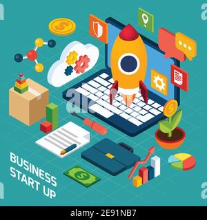 Digitales Marketing isometrisches Konzept mit 3d-Notebook und Startup-Icons vektorgrafik Stock Vektor