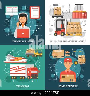 Logistiklieferungskonzept auf vier Icon-Sets und Titeln Bestellen Sie per Telefon Versand aus dem Lager LKW und nach Hause liefern vektorgrafik Stock Vektor