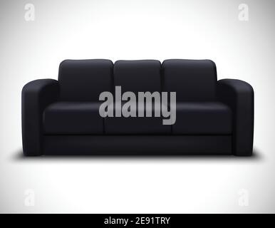 Moderne Inneneinrichtung realistisches Mockup Poster mit schwarzem Ledersofa Für Wohnzimmermöbel Anordnung Vektor Illustration Stock Vektor