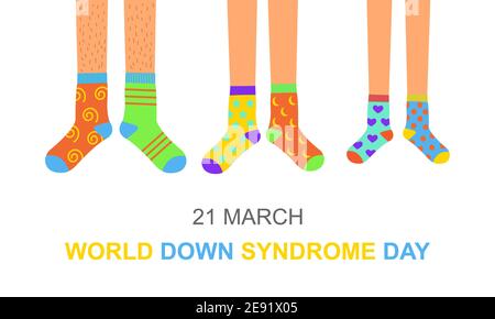 World Down Syndrom Tag Poster oder Einladungskarte. Mann, Frau und Kinder Füße in verschiedenen bunten ungeraden Socken als Symbol für WDSD. Vektorgrafik flach. Stock Vektor