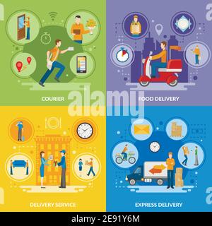 Express-Lieferservice und Kurier Menschen liefern Lebensmittel und verschiedene Ware 2x2 flache Symbole setzen Vektor-Illustration Stock Vektor