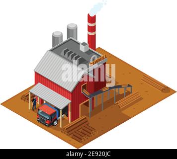 Holzfäller isometrisches Konzept mit Sägewerk Haus Holz LKW gesägtes Holz Und Fahrerüberwachung Entladen flache Vektor-Abbildung Stock Vektor