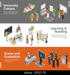 Horizontale Hochschule Universität isometrische Banner Darstellung Prozess des Lernens Lehre Bestandener Prüfungen und Leben auf dem Campus isolierte Vektordarstellung Stock Vektor