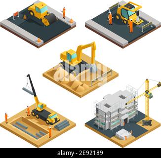 Isometrische Gebäude und Straßenbau Kompositionen mit Transportausrüstung eingestellt Und Arbeiter isoliert auf weißem Hintergrund Vektorgrafik Stock Vektor