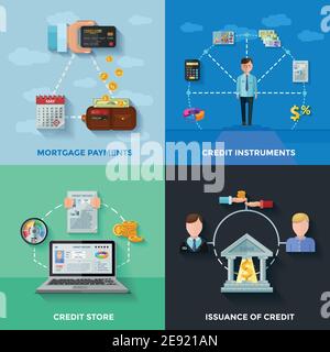 Kredit-Rating 2x2 Design-Konzept Satz von Hypothekenzahlungen Kredit Partitur Ausgabe von Kredit-Kompositionen flache Vektor-Illustration Stock Vektor