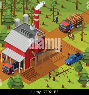 Holzfäller isometrische Zusammensetzung mit Sägewerk Gebäude Fahrzeuge für Rundholz Transport Und Holzfäller auf Wald Hintergrund flache Vektor-Illustration Stock Vektor