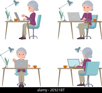 Eine Reihe älterer Frauen, die an einem Schreibtisch an einem Computer arbeiten.Es ist Vektorkunst, die so einfach zu bearbeiten ist. Stock Vektor