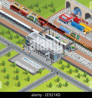 Moderner S-Bahnhof mit vorbeifahrenden Personenzügen Güterdepot Und Güterverkehr isometrische Poster Vektor Illustration Stock Vektor