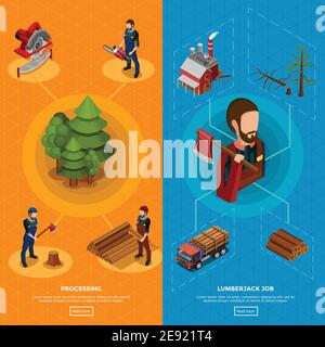 Holzfällerjob isometrische vertikale Banner mit einer Reihe von Symbolen Holzbearbeitungsverfahren und Ausrüstung für das Fällen flache Vektor-Illustration Stock Vektor
