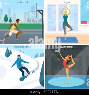Menschen im Sport 2x2 Design-Konzept Satz von Basketball Yoga Snowboard und Gymnastik flache Kompositionen Vektor Illustration Stock Vektor