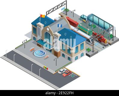 Isometrische Miniatur der Eisenbahn mit Bahnhof Gebäude in der Nähe Parkplatz Plattform Passagier-und Güterzüge Vektor-Illustration Stock Vektor