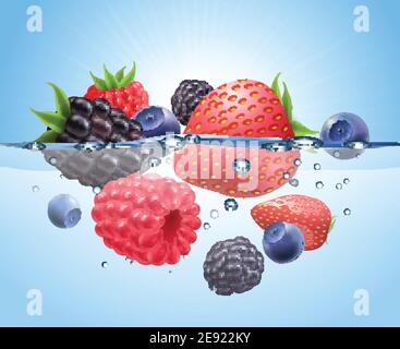 Beeren im Wasser realistische Zusammensetzung mit Erdbeere Blaubeere und Himbeere vektorgrafik Stock Vektor