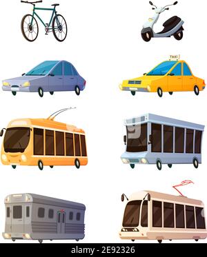 Stadtverkehr retro Karikatur-Ikonen Satz von Bus-Straßenbahn-Trolley Triebwagen Fahrrad gelb Taxi flache Bilder isoliert Vektor-Illustration Stock Vektor